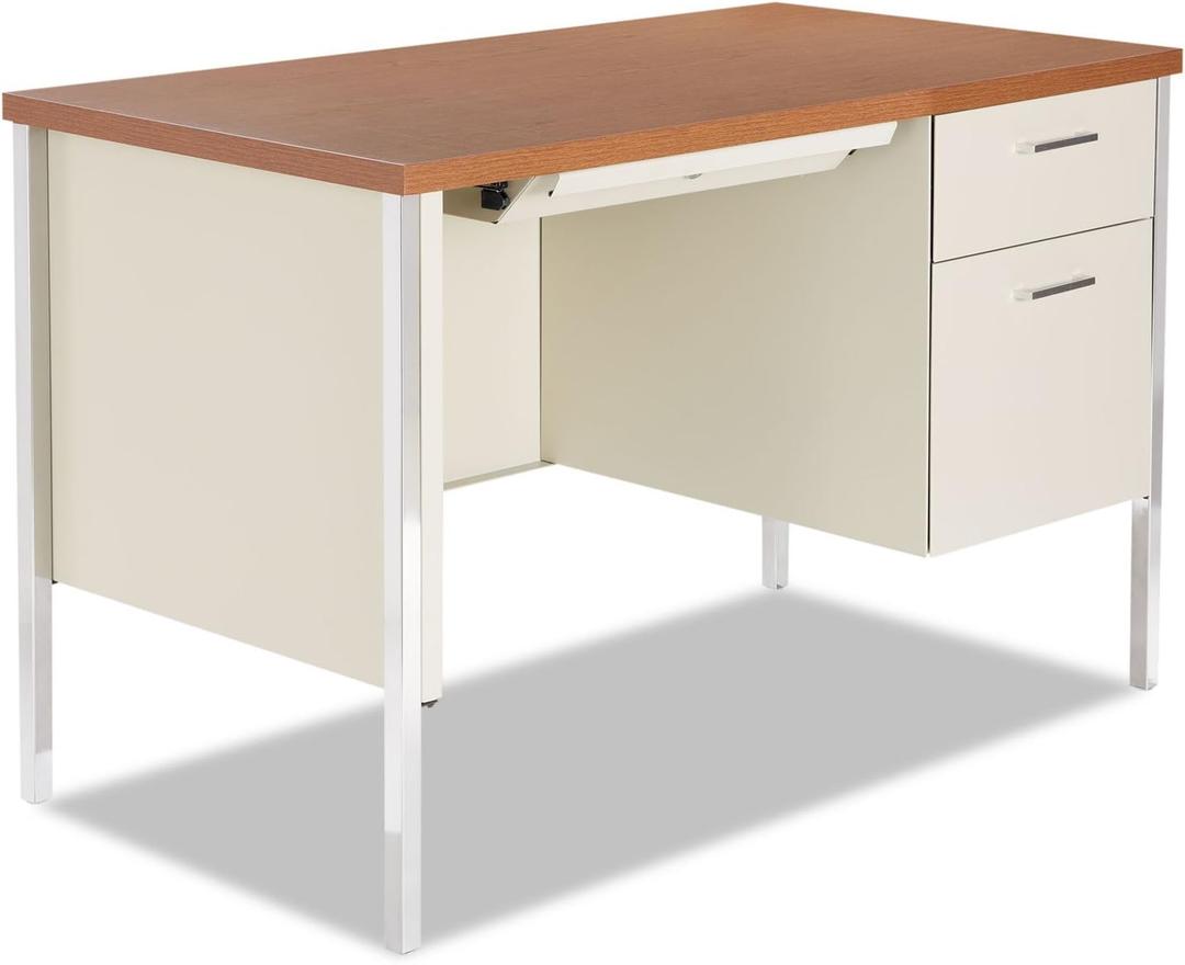 Alera SD4524PC Single Pedestal Steel Desk, Metal Desk, 45-1/4w X 24d X 29-1/2h, Cherry/Putty