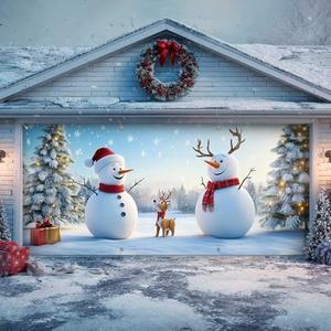 Klyftonix Christmas Garage Door Cover 7 x 16 Ft Decoration with Elastic Bands, Easy to Install, Large Banner Background for Outdoor Home Garage Door Party Décor - Snowman 3