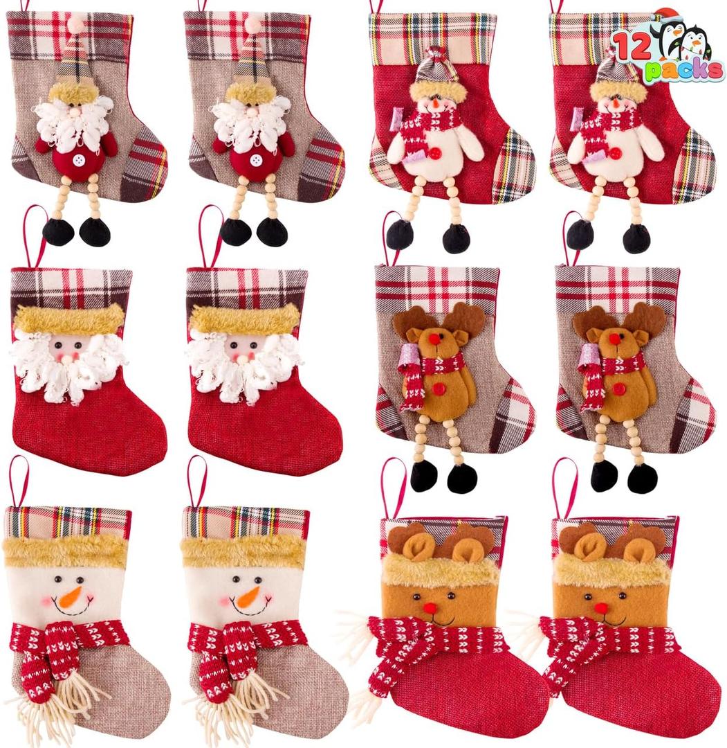 JOYIN 12 Pcs Mini Christmas 3D Bulk Xmas Stockings Santa Snowman Reindeer Burlap Stockings for Present Holders Treat Bags Christmas Tree Decoration Xmas Party Decors