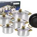 DW German Stainless Steel Cookware Set, 12-Piece Lightweight Pots & Pans with Nonstick Frying Pan, Milk Pot & Glass Lids for Everyday Cooking