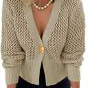 Cicy Bell Womens Cropped Crochet Cardigans Hollow Out Button Down Lantern Sleeve Knit Sweaters Casual Mesh Loose Fit Cover Up Khaki L