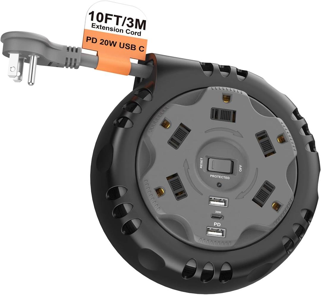 Retractable Power Strip Extension Cord Reel with USB C PD 20W, ETL Listed Flat Plug Travel Power Strip Surge Protection with 5 AC 3 USB Ports, 10FT Travel Extension Cord Portable Outlet, Black Grey