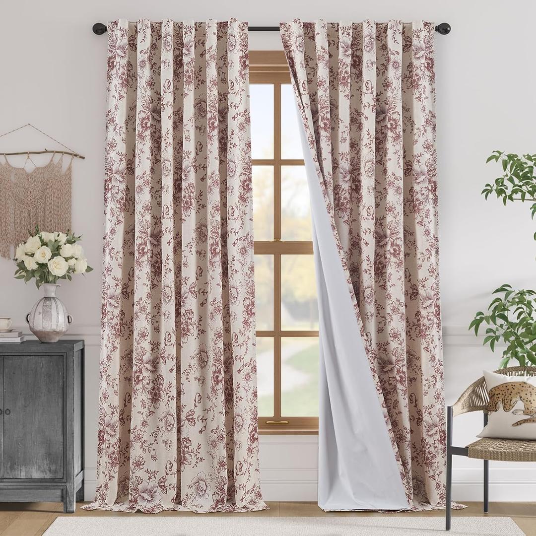 jinchan Blackout Linen Blend Curtain Floral Curtains for Living Room 96 Inch Length Brick Red Printed Curtain with Lined Blackout Curtains for Bedroom Farmhouse Curtains Set 2 Panels (50"W x 96"L (Pack of 2), Blackout Flower Brick Red)