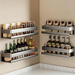 Adhesive Wall Mount Spice Rack Organizer, No-Drill Carbon Steel Spice Storage Shelf for Kitchen Cabinet, RV Camper, and Bathroom Counter, Multi-Purpose Wall Shelf for Seasonings, and bathroom supplies