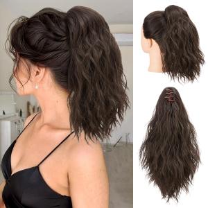 SARLA Short Ponytail Extension Claw Clip in 13 Inch Fluffy Synthetic Curly Wavy Pony Tail Hairpiece for Women Dark Brown
