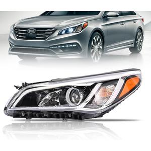 Left Headlight Assembly Compatible with 2015 2016 2017 Hyundai Sonata, Driver Side Halogen Headlamp with Bulbs Clear Lens Black Housing Amber Reflector, 1 PC, 92102-C2000 92102C2000 HY2503183