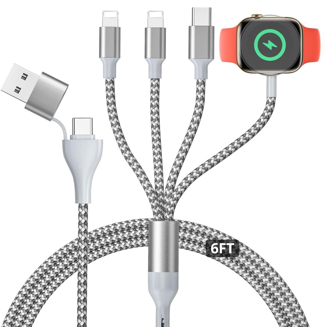 4 in 2 Phone Charger Cable, Upgraded for Apple Watch Charger USB A/C Multi Charging Cable-Nylon-Braided Magnetic Wireless Charging Cord for Apple Watch, iPhone 15, Galaxy, Pixel, 6ft