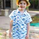 RAISEVERN Boys Button Down Shirts Hawaiian Cartoon Print Slim-Fit Short Sleeve Cool Dress Shirt Cute Top for Kids(2-10T) (White)