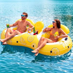 2-Person Inflatable River Tube, 600lbs Heavy Duty Tube for Floating | 600 lbs, Double River Tube, Backrest & 2 Cup Holders, Durable Grab Handles, Large Float for Pool & Lake, Comfortable Design, 90x51"