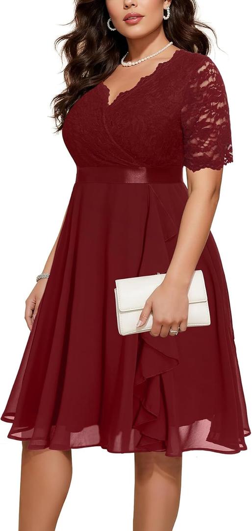 Plus Size Wedding Guest Dress Semi Formal Burgundy Holiday Cocktail Party Summer Mother Elegant Lace Curvy Women Fall, 16W