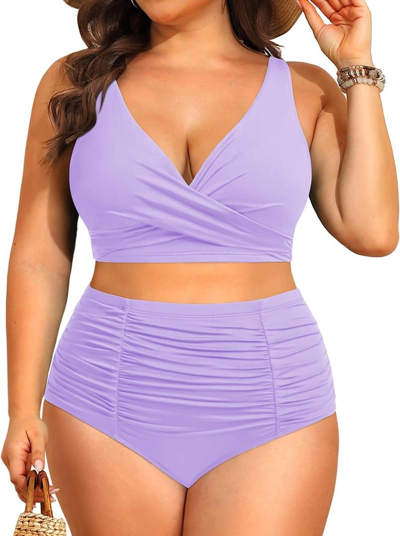 Holipick Two Piece Plus Size Swimsuits for Women High Waisted Bikini Tummy Control Bathing Suits Twist Front Swimwear