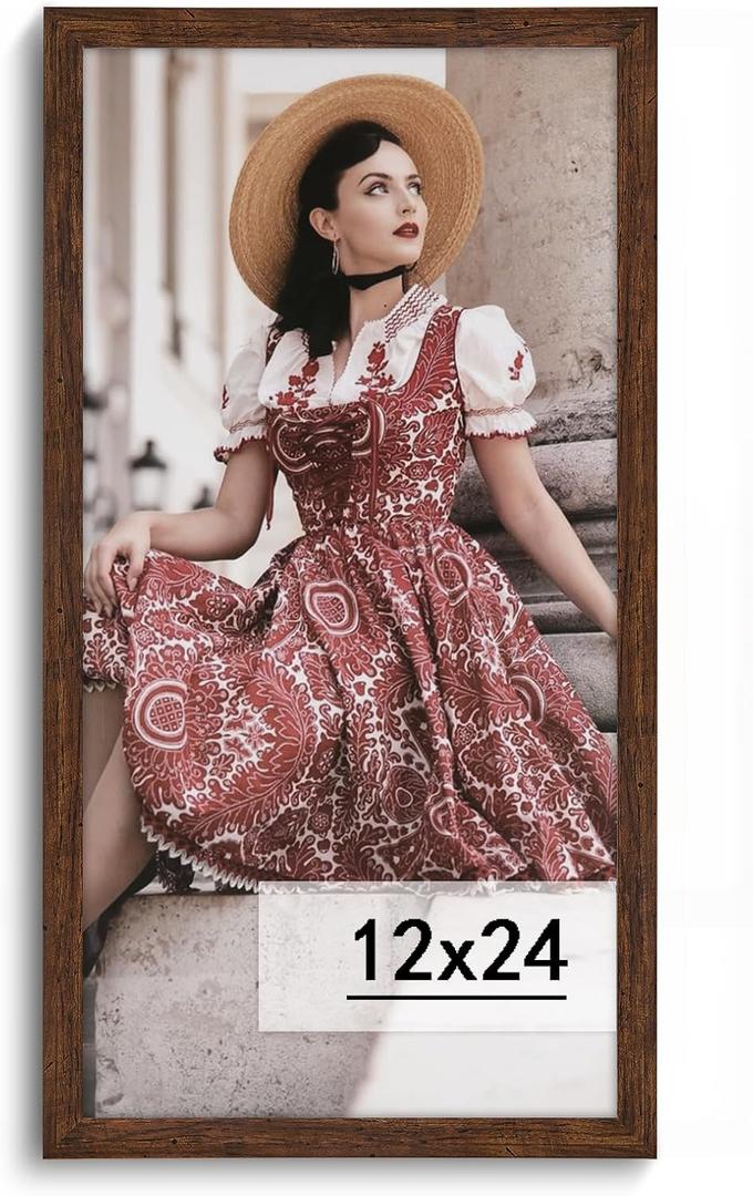 Dark Brown 12x24 Frame -Single Frame - Rustic Woodgrain 12 x 24 Poster Frame with Plexiglass for Wall Gallery Display, 12x24 Picture Frame for Puzzles, Artwork, Photos and Posters