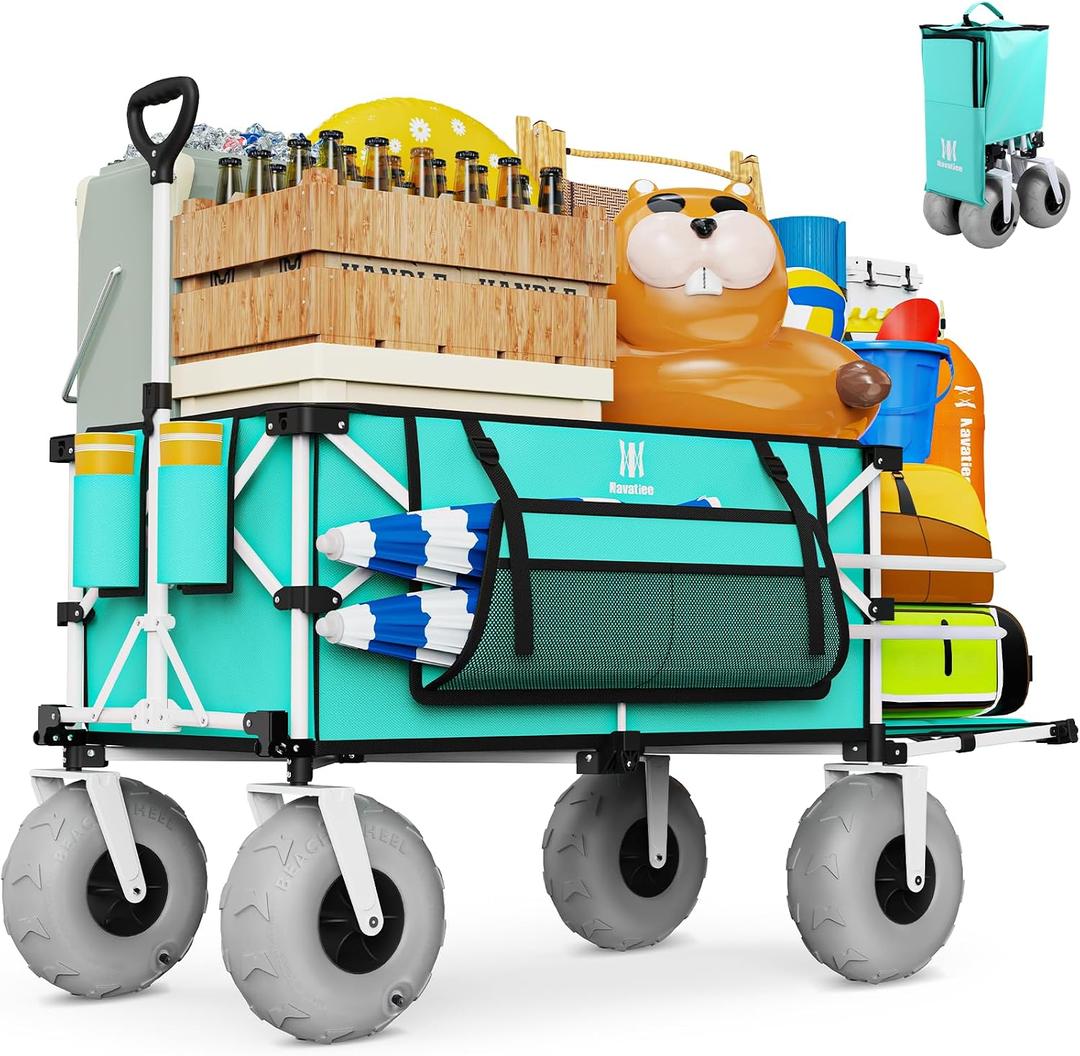 Navatiee 260L Beach Wagon with Extended Tailgate, 440lbs Heavy Duty Beach Cart with 9 Big Balloon Wheels for Sand, Collapsible Folding Wagon with Side Pocket for Outdoor, Light Blue