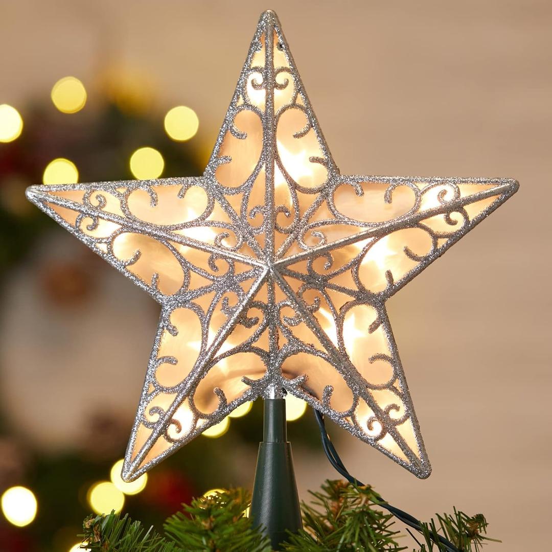 Christmas Star Tree Topper, Plug in Sliver Glittered 3D Star Tree Topper, Metal Hollow Designed Built-in 10 Bulbs String Lights for Indoor Office Christmas New Year Holiday Tree Decoration (Pvc Silver Star)