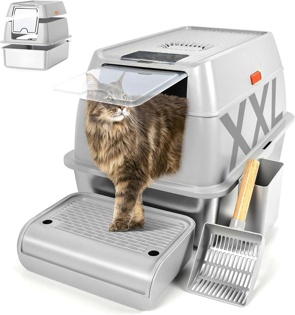 Kalolary Stainless Steel Cat Litter Box with Lid, Enclosed Removable Metal Litter Tray for Large Cat, High Sided Enclosure, Scoop, Pedal, Non-Sticky, Easy Cleaning (Grey)