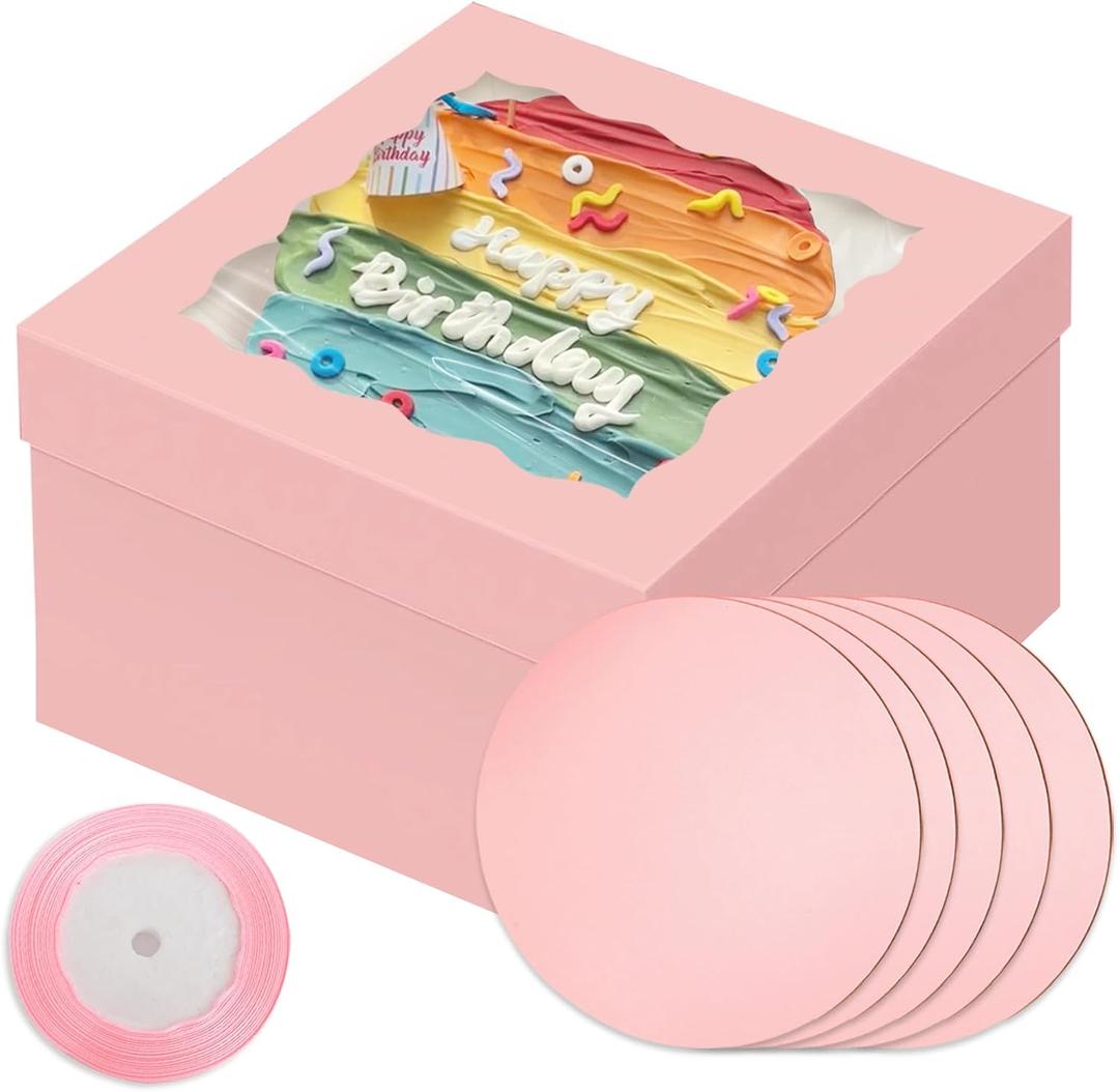 Bakepacker 12x12x8 Cake Box, 18 Sets Pink Cake Box with Window  18 Sets 12" Cake Round Boards, 12inch Cake Containers, 10 Meters Silk Ribbon