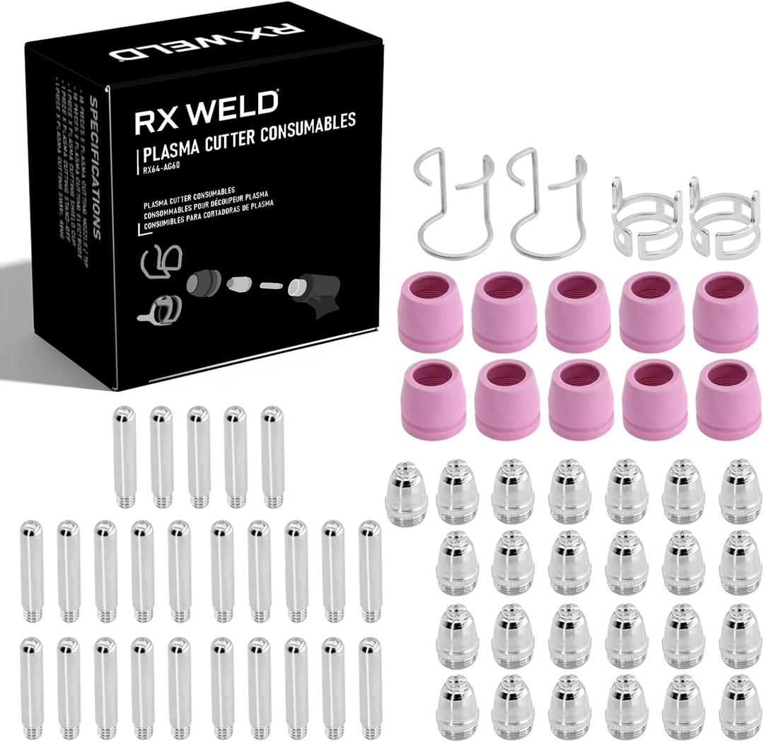 RX WELD 64PCS AG60P Plasma Cutter Torch Consumables Electrode Nozzles Cups Kit Galvanized Copper Ceramic AG-60 Consumables