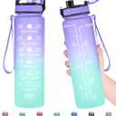 Enerbone Water Bottle, Leakproof BPA & Toxic Free, Motivational Water Bottle with Times to Drink and Straw, Fitness Sports Water Bottle with Strap for Office, Gym, Outdoor Sports (32 Ounces, Light Purple Green)