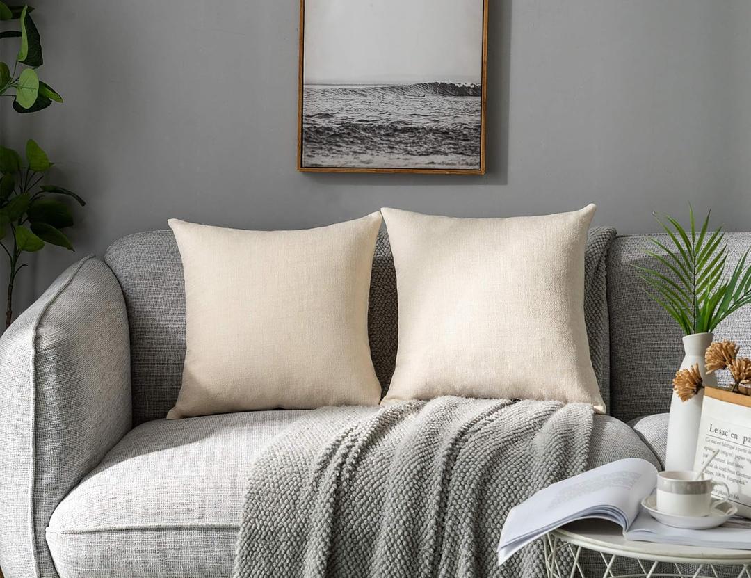Stellhome Burlap Throw Pillow Covers Solid Farmhouse Linen Pillowcase for Bed Couch Sofa Bench, Set of 2, 20 x 20 inch (50 x 50 cm), Cream
