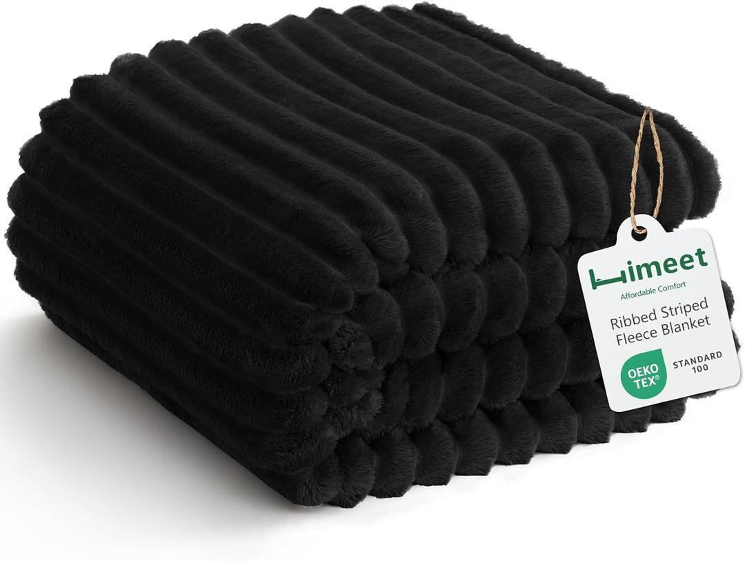 HIMEET Black Ribbed Throw Blanket for Couch - 300GSM Lightweight Soft Fleece Blanket for Women Men, Cozy Blankets for Mothers Gifts, Striped Spring Home Room Decor, Black, 50x60 Inches