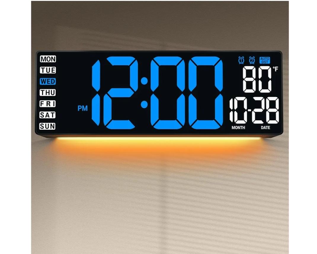 16.5" Large Digital Wall Clock with Remote Control, Auto-Dimming LED Display with Date Temp, Big Number Wall Mount Decor Clock for Seniors, Classroom, Dorm, Home, Office, Gym Blue