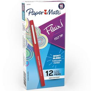 Paper Mate Flair Felt Tip Pens Medium Point (0.7mm) Red 12 Count