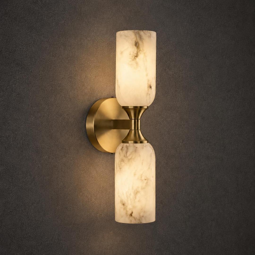 Alabaster Wall Sconce, Modern Bathroom Vanity Sconces, H65 Brass Wall Lamp, Up and Down Wall Light for Bedroom Living Room Staircases (3000K Light Source) 1 Pack