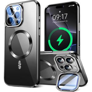 for iPhone 16 Pro Case Compatible with Magsafe Accessories,Stash Stand 9H Lens Protection,Slim Phone Case Military-Grade Shock Anti Yellowing Transparent Case 6.3-Black