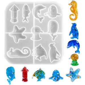 Ocean Sea Animal Silicone Mold Marine Organism Epoxy Resin Crafts Mold Ocean Theme Starfish Dophin Seahorse Fish Casting Mould for DIY Craft Jewelry Pendant Making