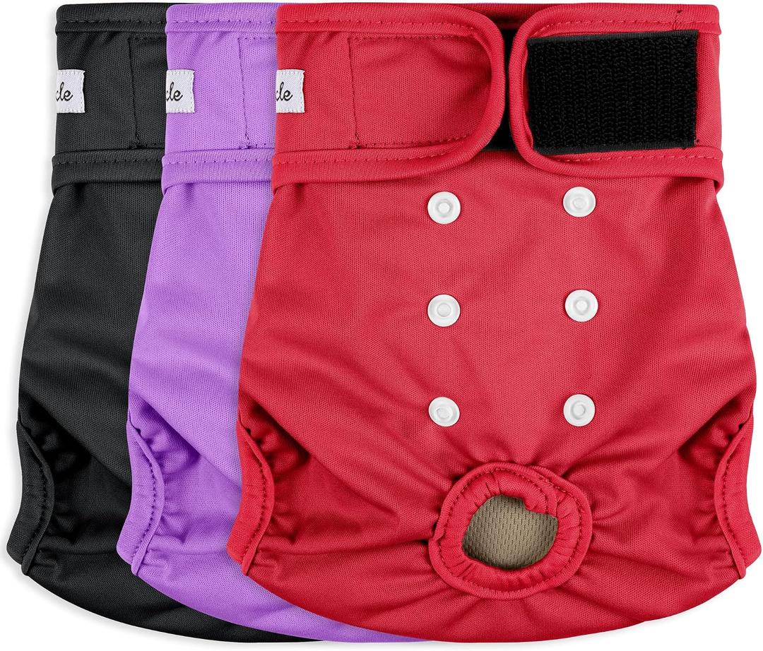 Female Dog Diapers - Reusable Diapers for Doggie in Heat - Highly Absorbent for Pet Incontinence with Adjustable Snaps (Pack of 3) Red Black Purple, M