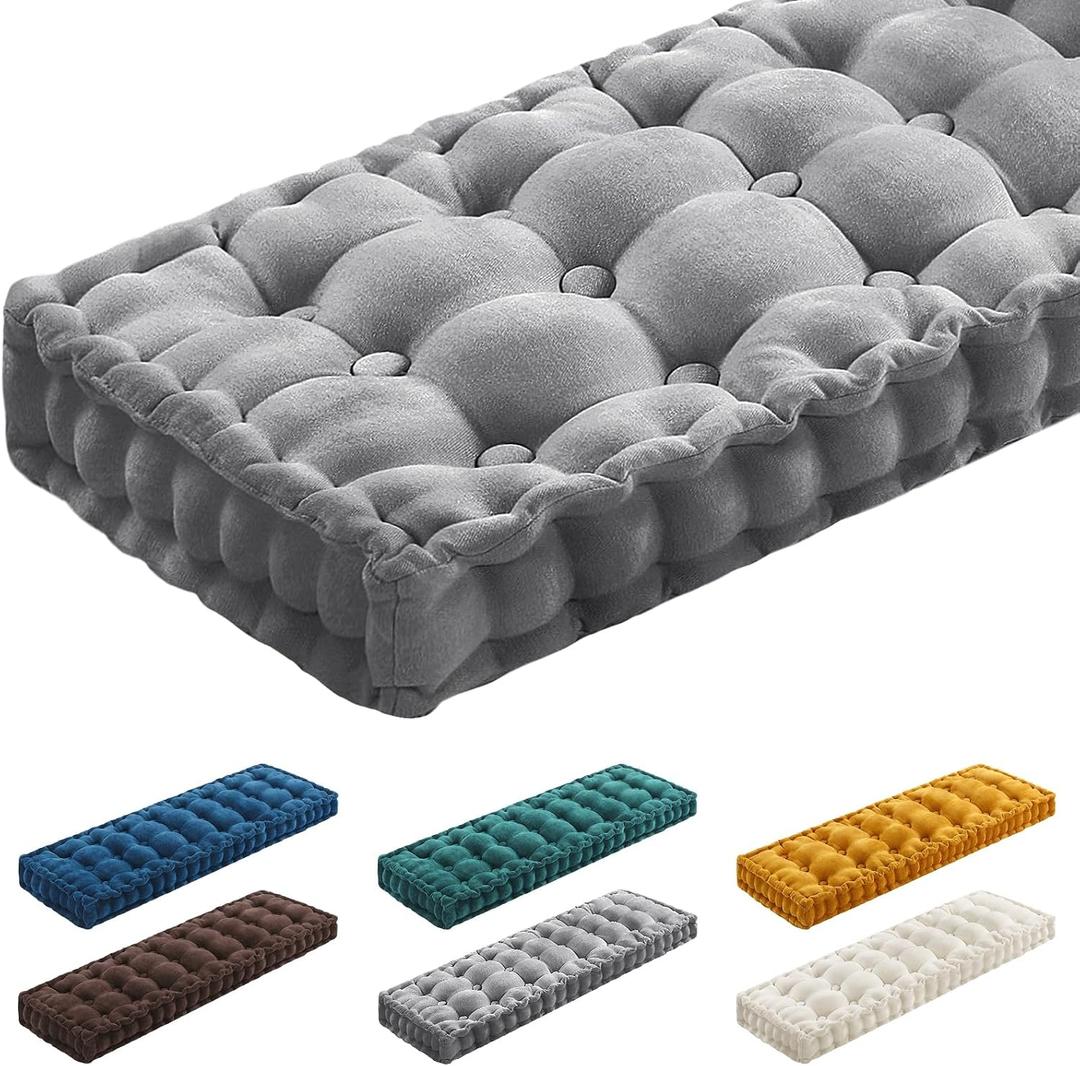 Geelin 48x18 Inch Bench Cushions for Indoor Furniture Chenille Velvet Gray Button Tufted Thicken Window Seat Pad Mat with Memory Foam Non Slip Long Floor Pillow for Entryway Dining Sofa Breakfast Nook