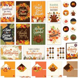 Decorably 40 Pack Foiled and Glittery 4x6in Happy Thanksgiving Cards with Envelopes & Stickers, 10 Charming Designs Thanksgiving Cards Bulk, with Printed Message Inside