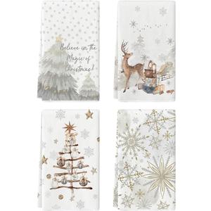 Artoid Mode Reindeer Snowflakes Xmas Tree Christmas Kitchen Towels Dish Towels, 18x26 Inch Farmhouse Holiday Winter Decoration Cleaning Set of 4
