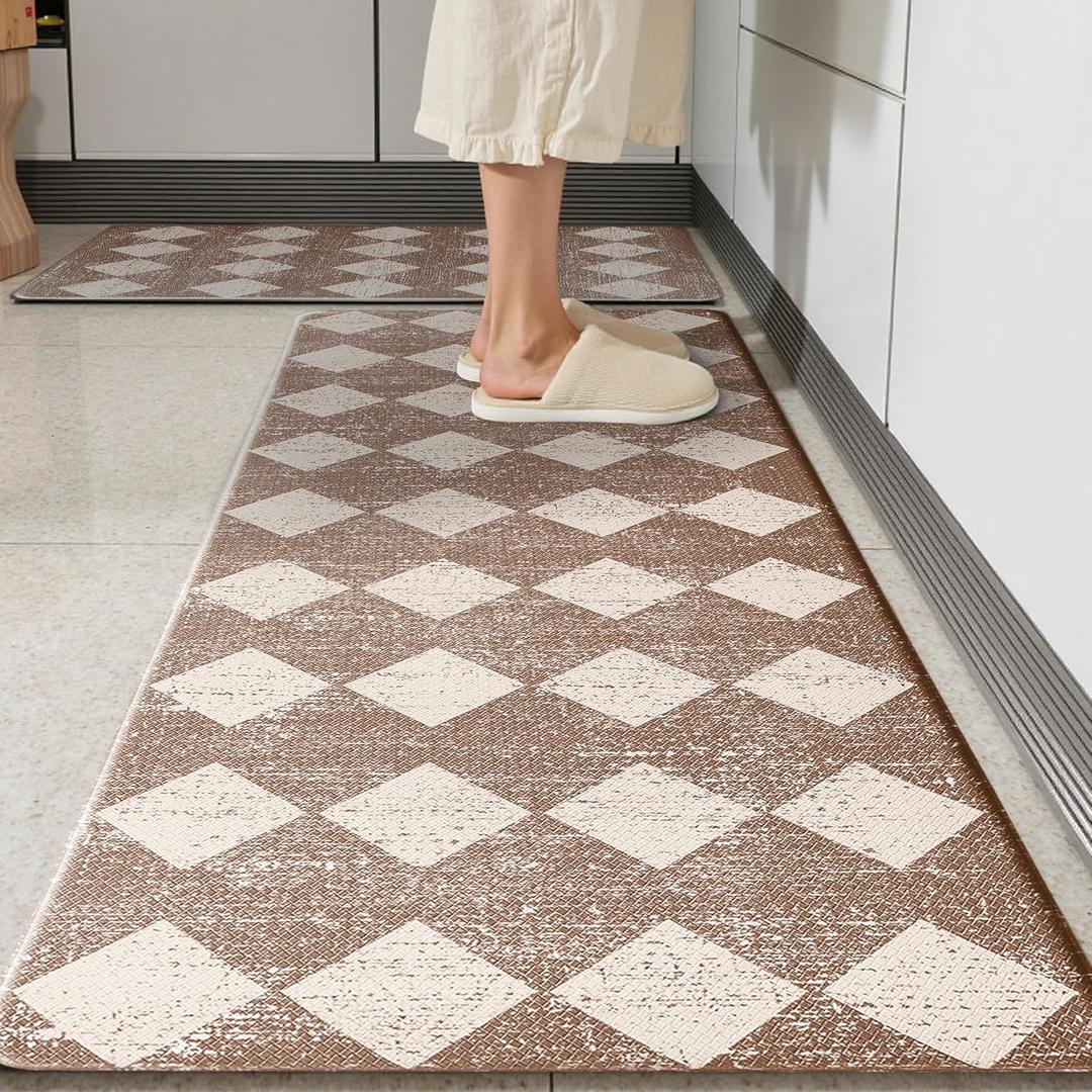 Khaki Beige Moroccan Trellis Checkered Kitchen Rug Sets [2 PCs], Anti-Fatigue, Waterproof Non-Slip Kitchen Mats Heavy Duty Ergonomic Comfort Foam Rug for Floor, Home, Laundry, 17"x29"+17"x47"