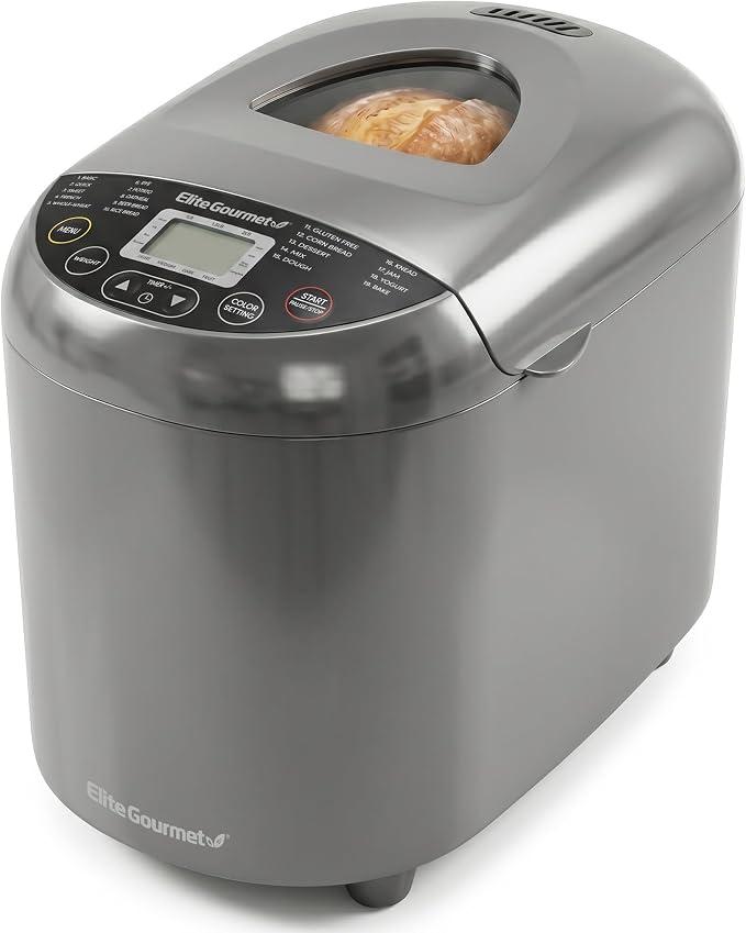 Elite Gourmet 2 Lb Bread Maker, PFAS-Free Ceralast™ Ceramic Pan, 19 Presets
Steel Gray, Gluten-Free, Delay Timer, EBM8103CG