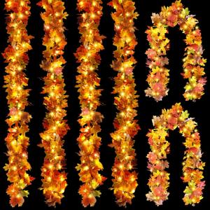 6PCS Fall Garland with Light, 5.9Ft/Pcs Fall Leaves Decor Garland Lights 40Ft LED Artificial Fall Leaves Autumn Garland Halloween Indoor Outdoor Fall Decorations for Thanksgiving Autumn Harvest Party