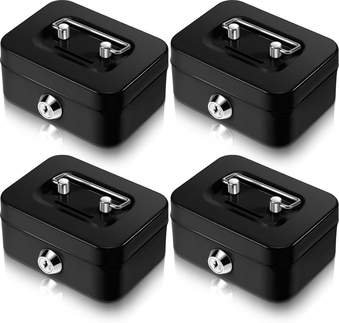 Tandefio 4 Pieces Small Money Box with Lock Metal Cash Box Piggy Bank with Lock and Slot 4.5 x 3.3 x 2 Inch Metal Coin Bank Gifts for Christmas New Year, Without Money Tray(Black)