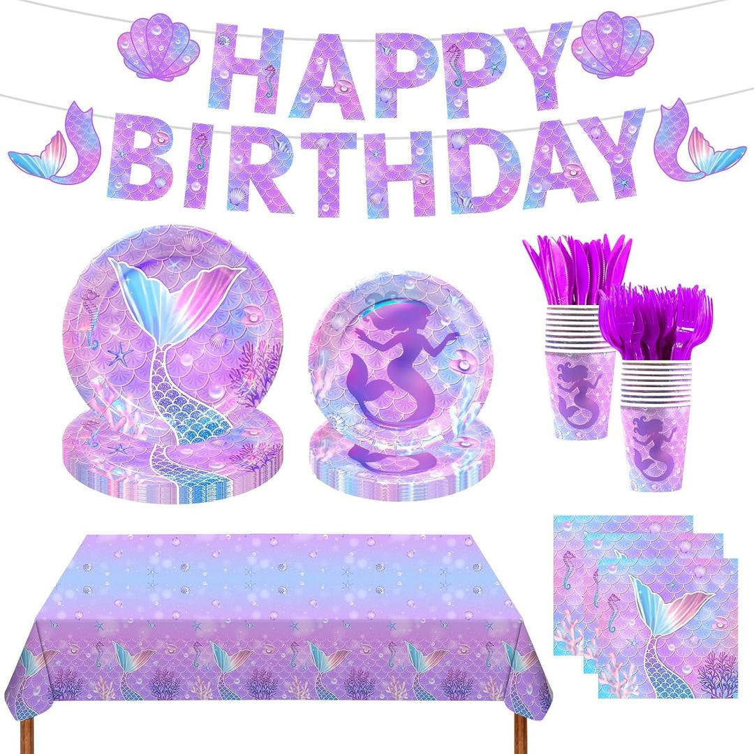 182pcs Mermaid Themed Plates and Napkins Set,Serve 30