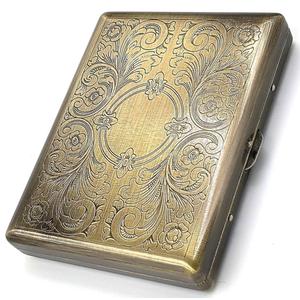 Retro Cigarette Case Victorian Style Metal Holder for Regular, King and 100's Size Credit Card Holder Pocket, Large with Etched Pattern RFID Protective Security Wallet (EL-100AB, Antique Brass)