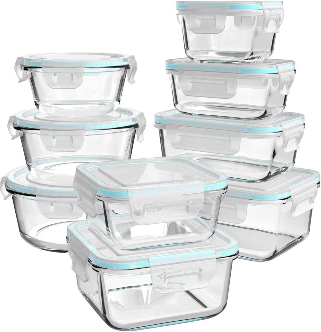 AILTEC Glass Food Storage Containers with Lids, [18 Piece] Glass Meal Prep Containers, Containers for Food Storage with Lids, BPA Free & Leak Proof (9 Lid & 9 Container) (clear)