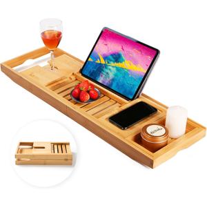 Bamboo Bathtub Caddy Tray for Luxury Bath, Expandable Bath Tray for Tub with Book and Holder- Gift Idea for Loved Ones (Natural)