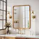 36"x28" Wood Bathroom Mirror - Handcrafted Modern Farmhouse Bathroom Mirror with Tempered Glass&Natural Wood Frame, Decorative Vanity Mirror for Bedroom, Living Room, Spa & Home (Anti-Fog Design) (Rounded Wood-usa-sourced Wood Natural Finish)