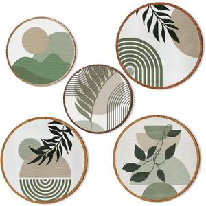 Qunclay 5 Pcs Wall Art Decor Wooden Living Room Wall Decor Bohemian Hanging Farmhouse Geometric 10'' and 8'' Aesthetic Wood Minimalist Posters for Bedroom(Greenery)