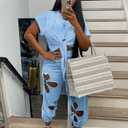 KEYUFANG Women 2 Piece Outfit Casual Summer Set Crop Top Sweatpants Women Trendy Blue Jumpsuit with Pocket, Large