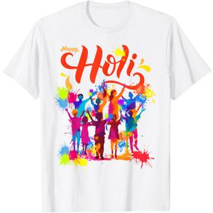 Happy Holi Festival Outfit India Hindu For Women Men Kids T-Shirt (Small, White)
