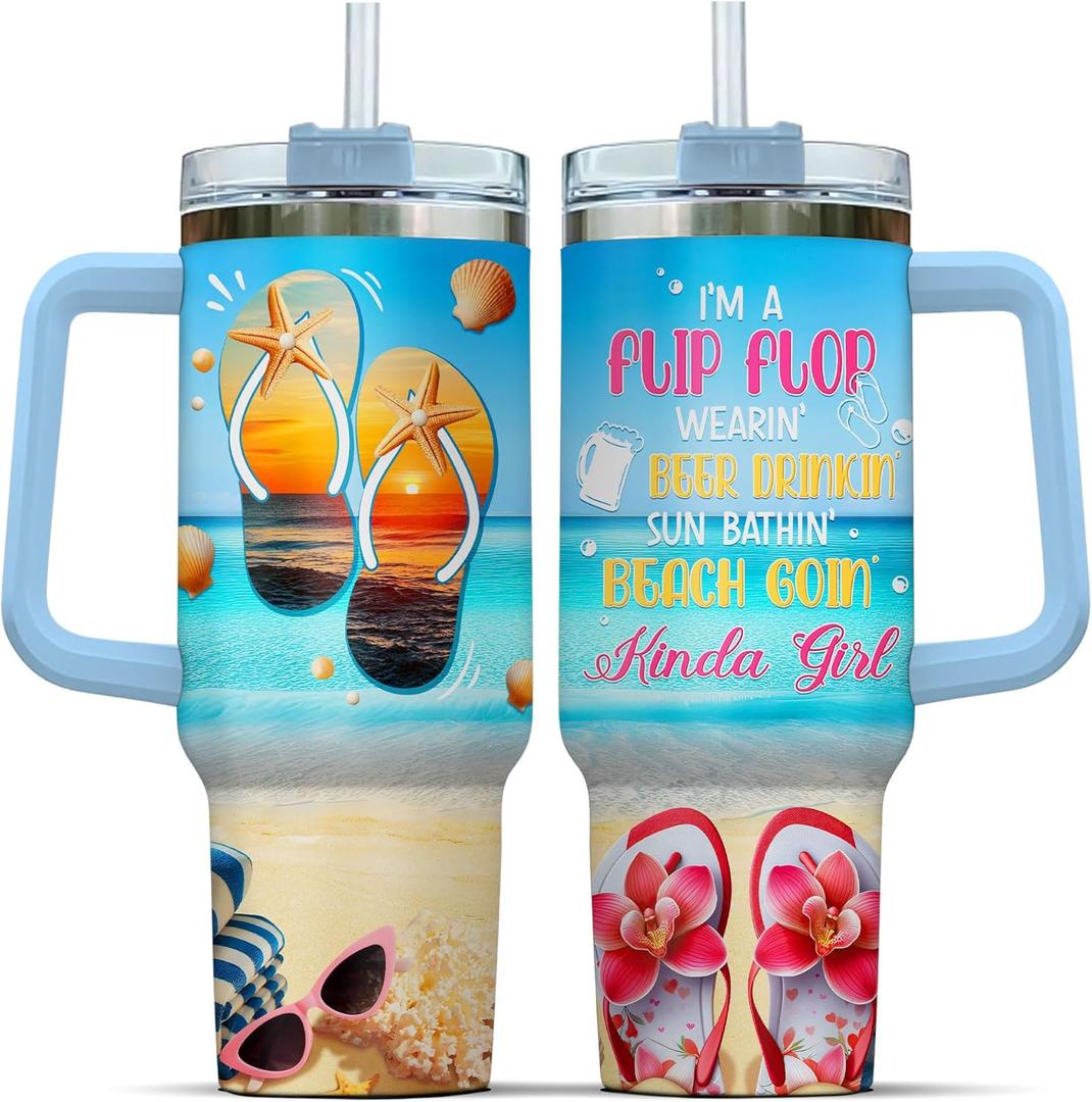 Coffee Yellow Blue Women Tumblers Quartz Light Simple Steel Hot Navy Myrtle Royal, Beach Gifts, Tumbler 40 Oz With Handle Lid And Straw, Kinda Girl Beach Sunshine