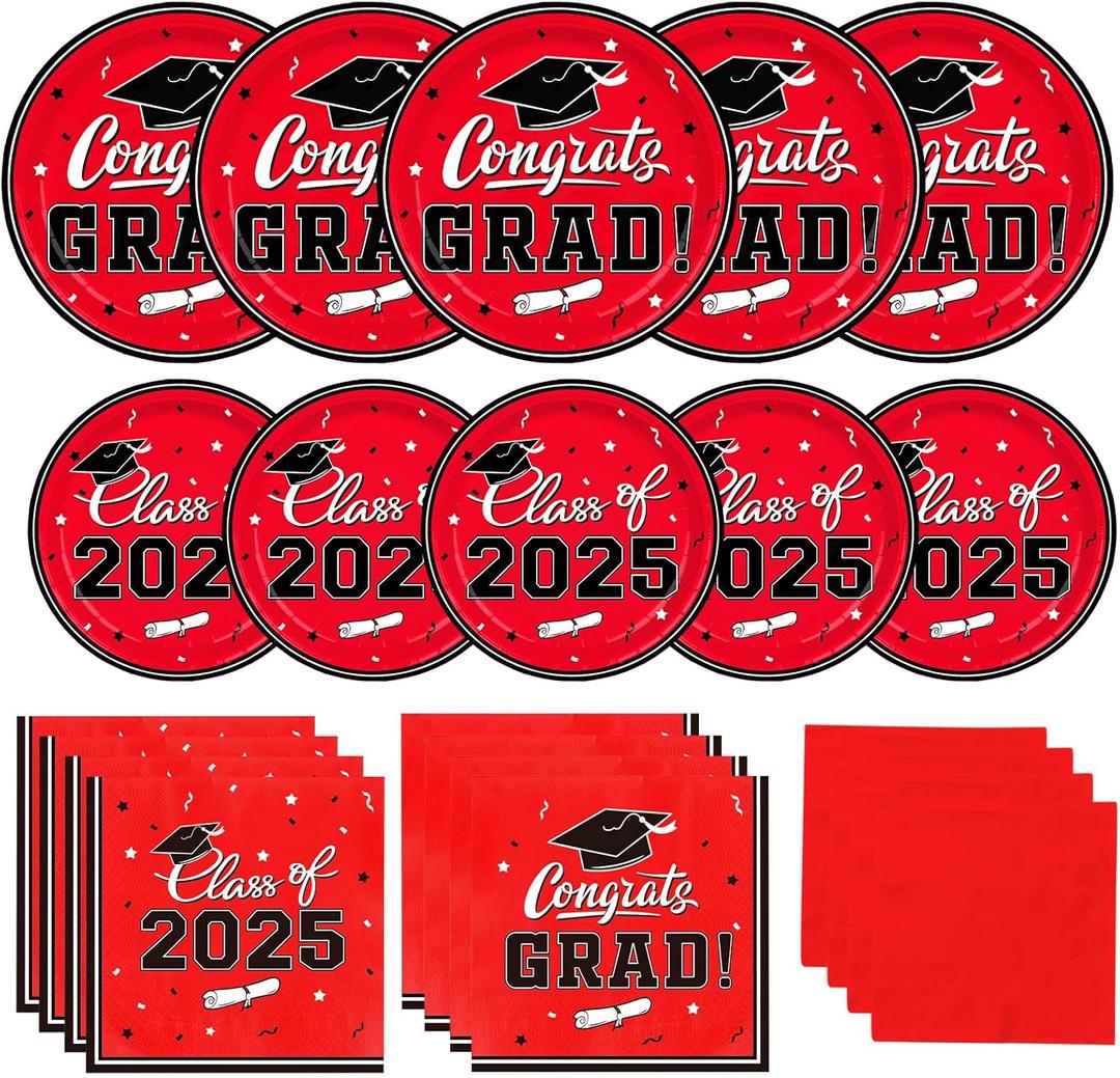 Gatherfun Graduation decorations 2025 Graduation Party Plates and Napkins Red Disposable Paper Plates Luncheon Napkins Cocktail Napkins for Congrats Grad Party Decorations, Serve 50