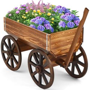 Wooden Wagon Planter Box, Garden Planter with Wagon Wheels, Flower Cart for Balcony, Decorative Patio Flowers Herbs Vegetables for Indoor Outdoor Decor, Brown(Elegant)