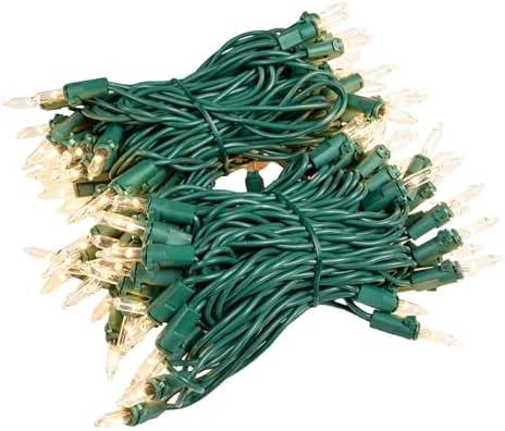 Novelty Lights RetroGlo® LED Mini Lights, 100 Clear Bulbs on Green Wire, 34ft with 4" Spacing, Incandescent Look with Modern Efficiency, 2700K Warm White Core, Interchangeable Bulbs, 2 Pieces