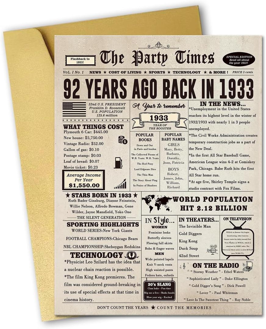 Big 92nd Birthday Card Gift for Women Men, Funny 92 Year Old Birthday Card for Mom Dad, Retro 92nd Birthday Decorations for Husband Wife